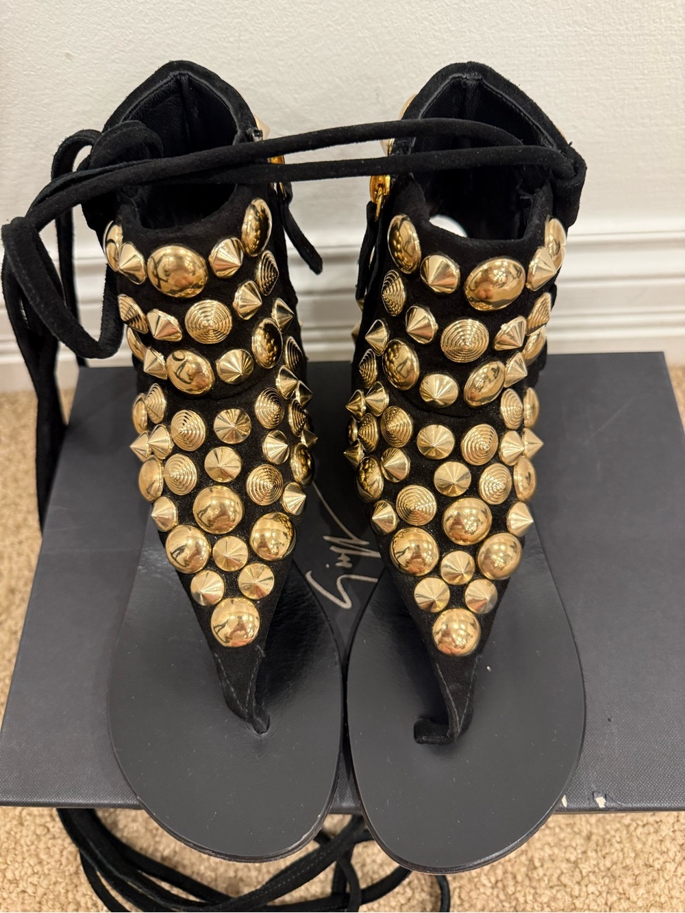Giuseppe Zanotti Gold Studded Suede Gladiator Sandals Black Size 37.5 lace up - Picture 6 of 12